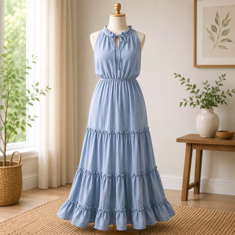 NWT Cupshe Tiered Ruffle Mini Dress Womens Large Blue Sleeveless High Neck Tie
